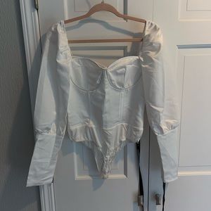 Pretty little thing white satin body suit, size USA 6